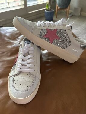 Vintage Havana White Sneakers with Pink Star & Silver Glitter